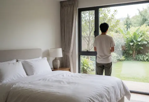Back view of a person gazing at an outdoor garden through a large window in a bright, naturally lit apartment hotel room.