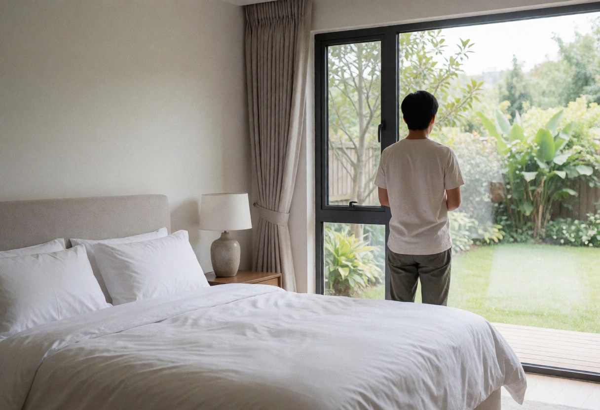 Back view of a person gazing at an outdoor garden through a large window in a bright, naturally lit apartment hotel room.