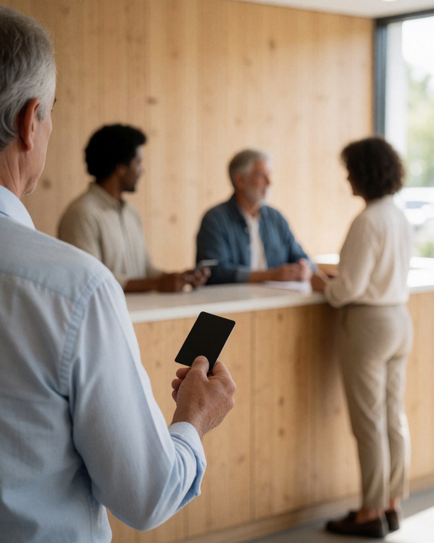 A guest holds a key card at the modern reception desk of an apartment hotel with light wood walls