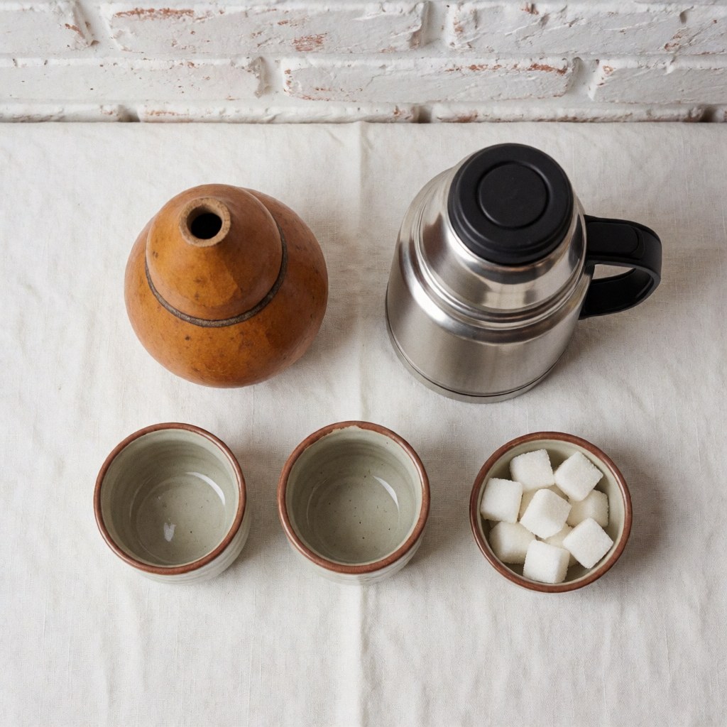 Full mate tea set with gourd, two cups, thermos, and sugar in a cup on white fabric and brick wall