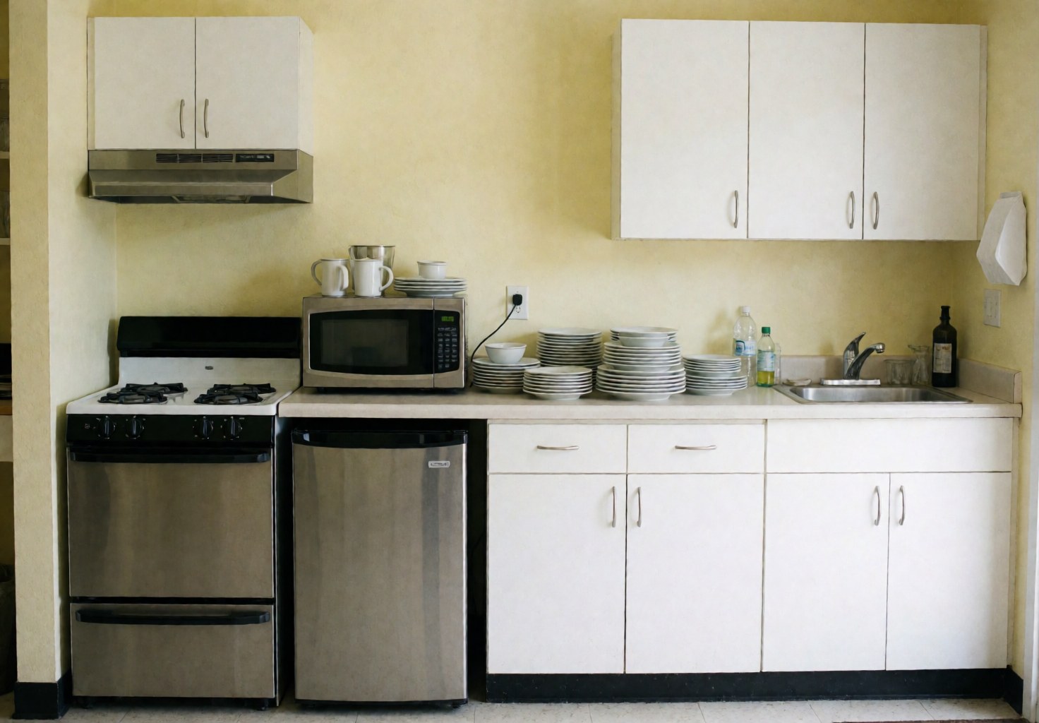Compact apartment kitchen featuring a stove, microwave, refrigerator, and sink with light yellow walls and organized utensils and dishes