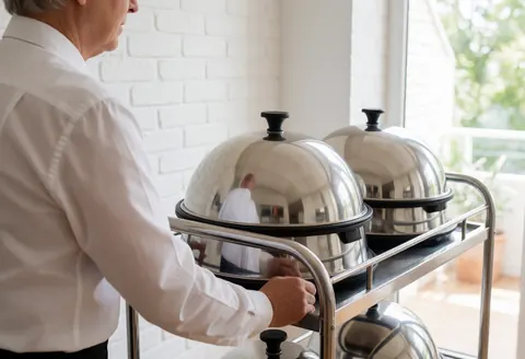 Staff member pushing a cart with metal food domes in a modern apartment hotel setting