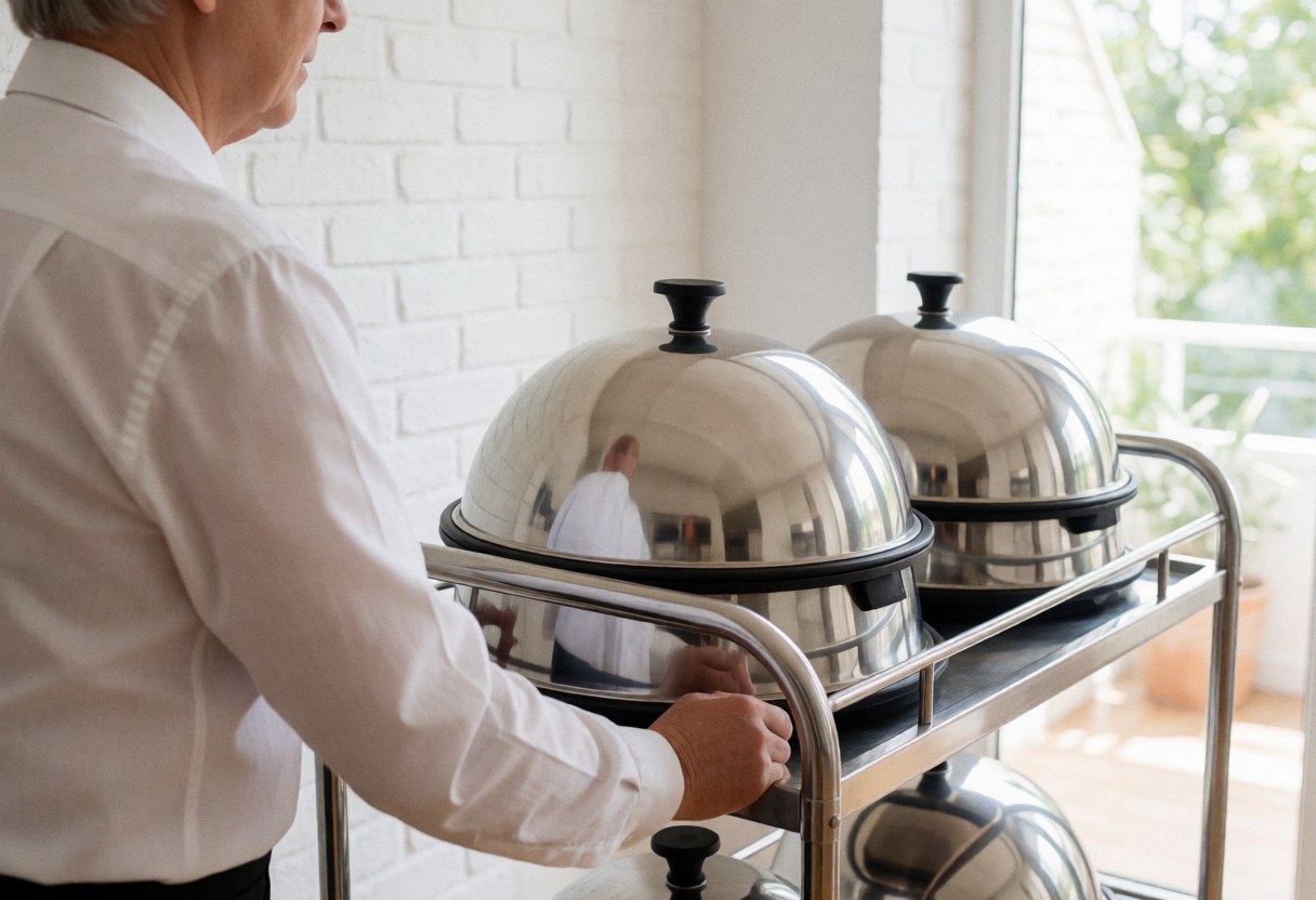 Staff member pushing a cart with metal food domes in a modern apartment hotel setting