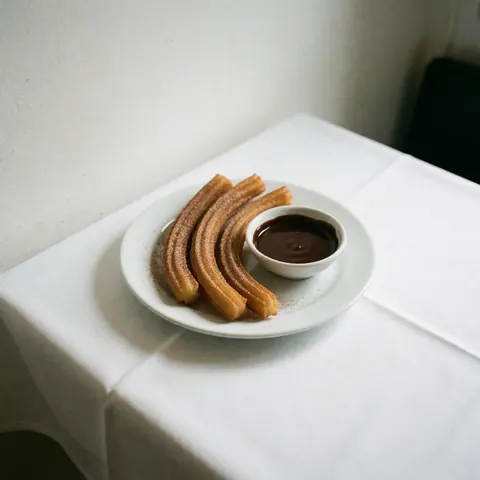 Golden churros dusted with powdered sugar and served with chocolate dipping sauce on a white plate atop a white tablecloth