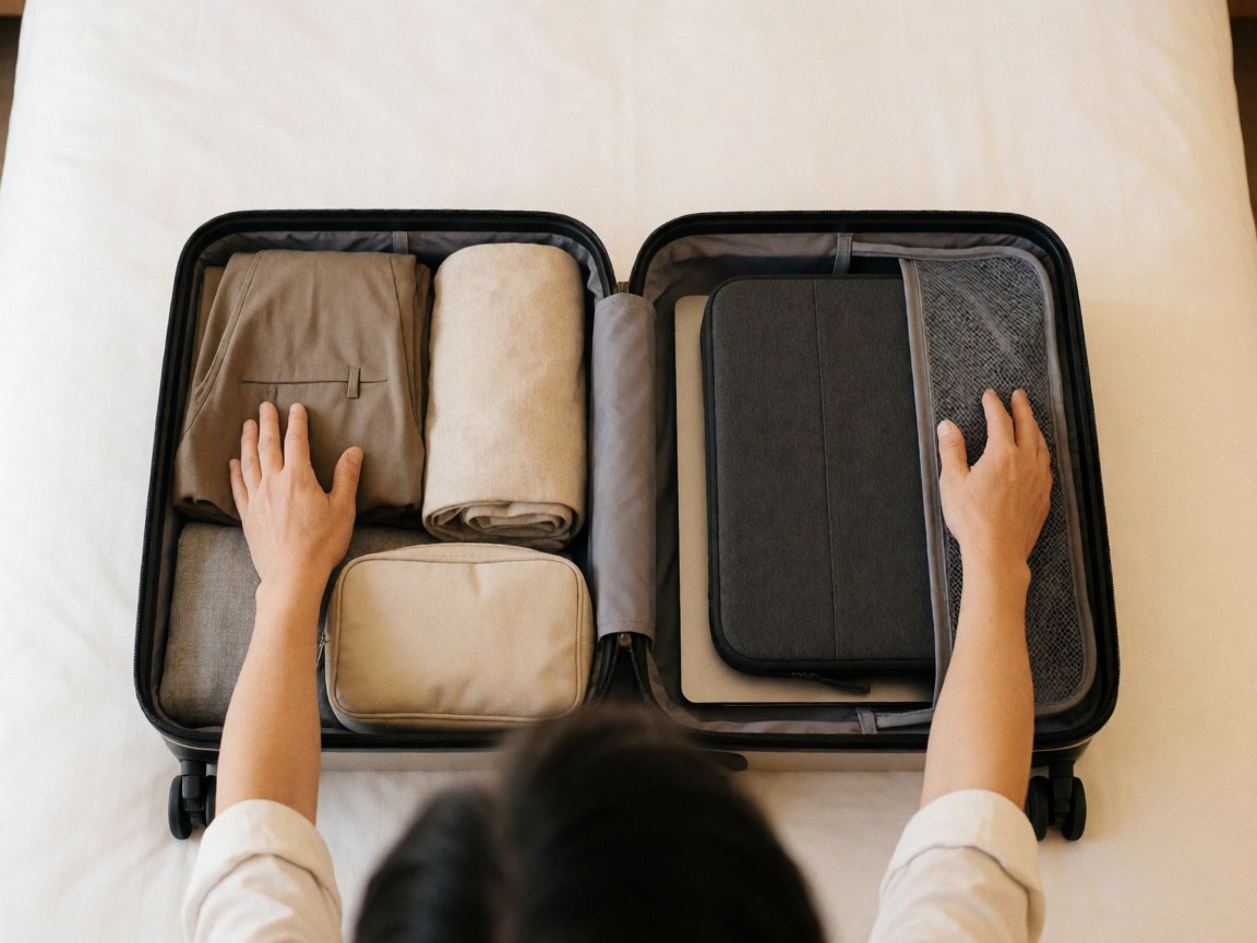 Top-down view of an open suitcase on a white bed containing folded clothes, a toiletry bag, and a laptop case being packed by hands.