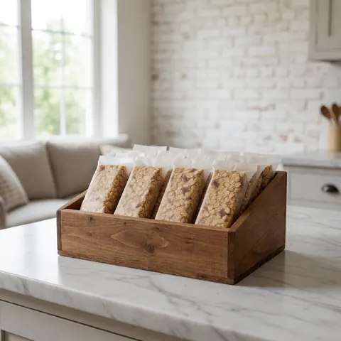 Wooden box containing oat bars wrapped in clear paper, placed on a white marble kitchen island with a white brick wall and natural light from a window.