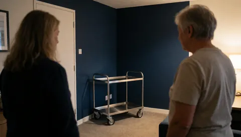 Two individuals standing with their backs to the camera, observing a metal service cart in a room with blue walls and warm lighting.