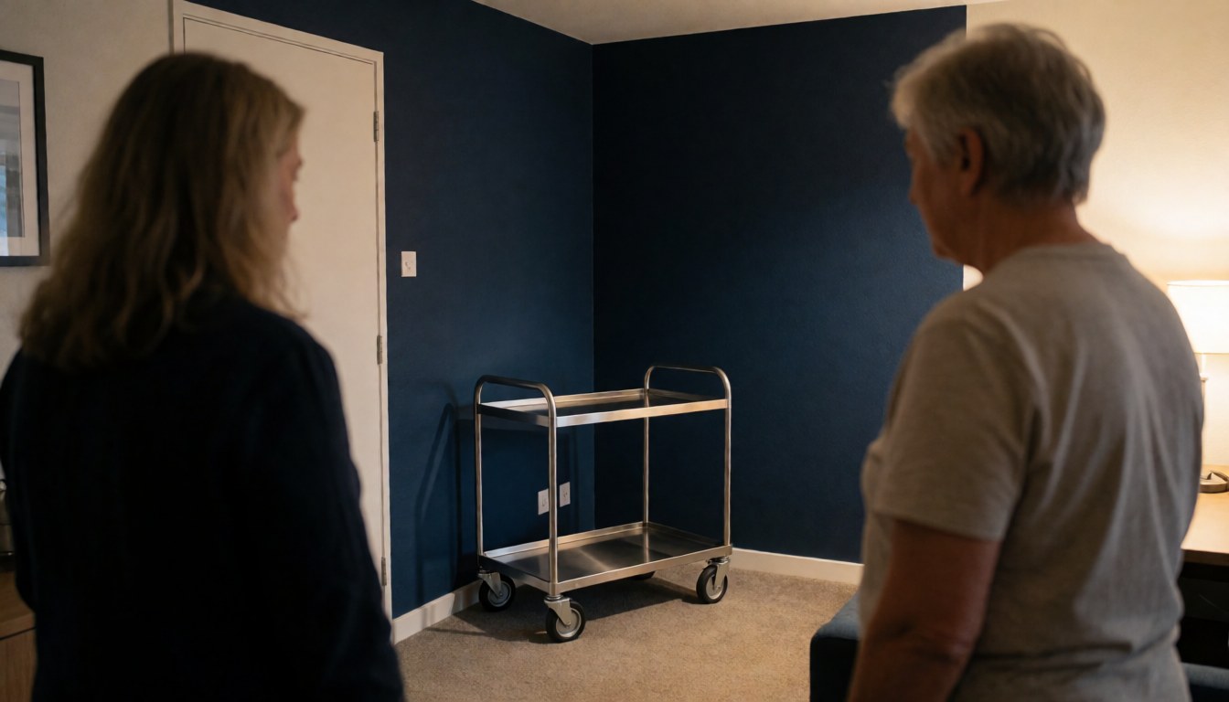 Two individuals standing with their backs to the camera, observing a metal service cart in a room with blue walls and warm lighting.