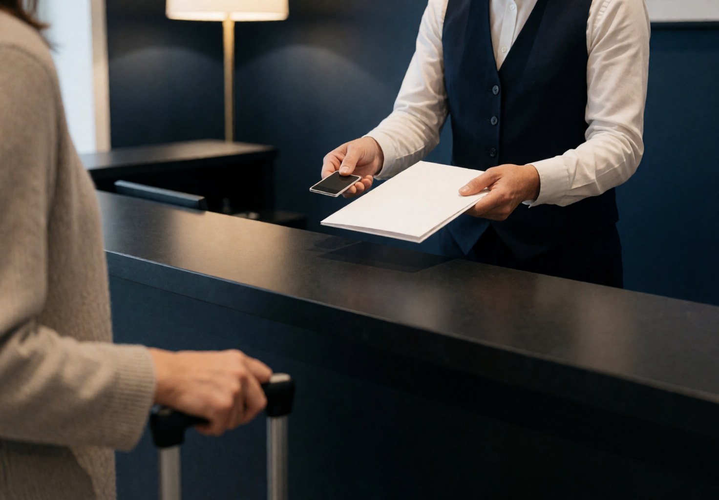 Hotel employee in professional attire hands a key and brochure to a guest with luggage at a modern reception desk with a dark blue wall and warm lighting.
