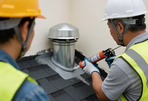 Worker in safety gear applying sealant to the base of a metal roof vent on a shingled roof