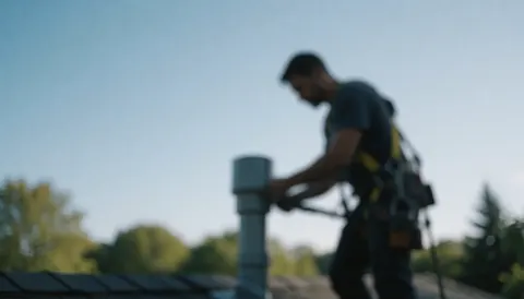 Heating repair technician wearing a safety harness while working on a ceiling ventilation duct with a blurred blue sky and trees background suitable for text overlay