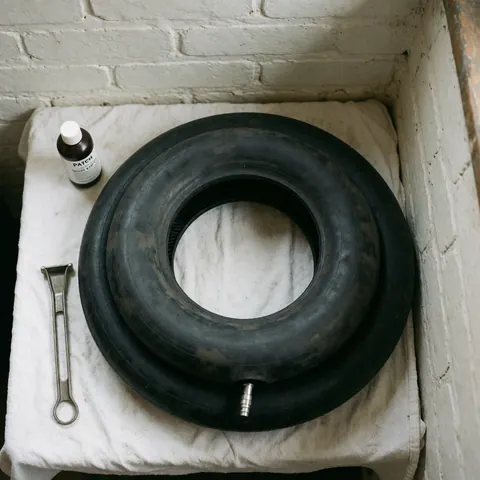 A dirty black inner tube lies on white cloth next to a patch and screwdriver against a white brick wall.