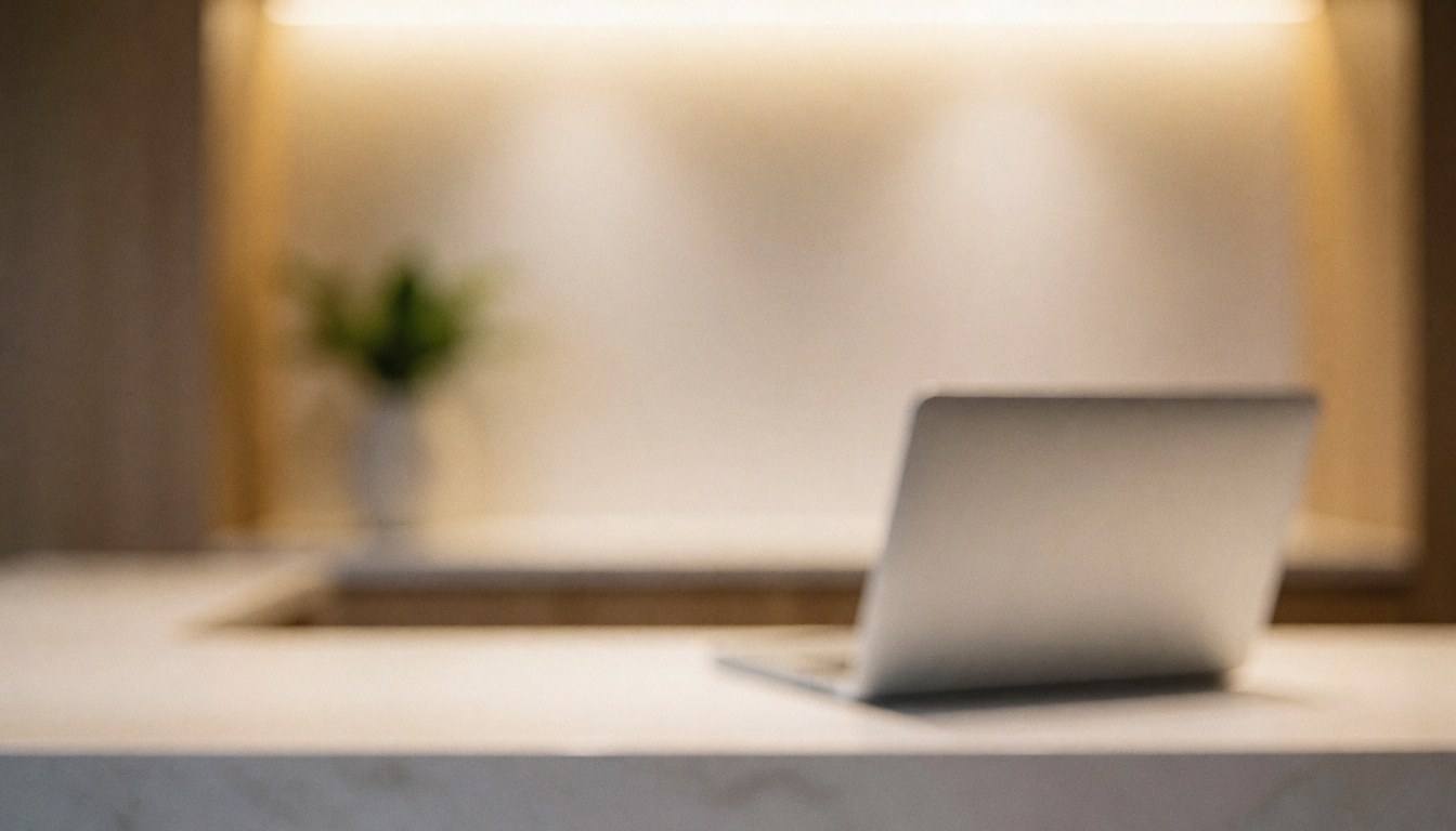 Modern apartment hotel reception background featuring a laptop, a plant, and warm lighting, suitable for business text overlays.
