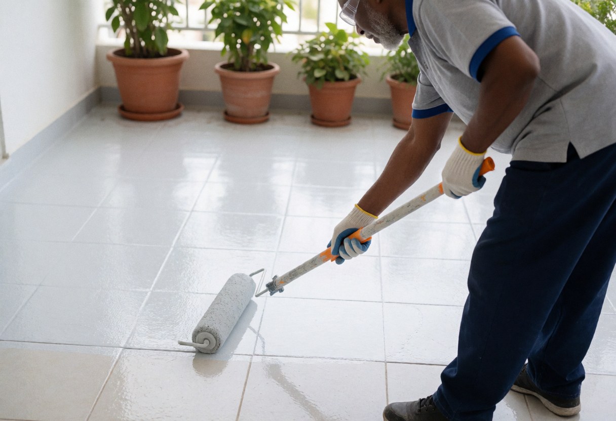 A worker uses a roller to apply waterproofing paint on white tile flooring with potted plants in the background.