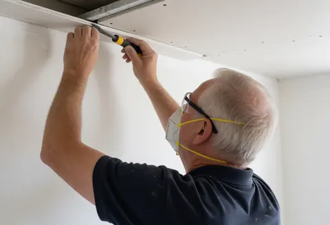 A professional installs a drywall panel on the ceiling using a tool while wearing a mask and safety glasses in a room with white walls and natural light.