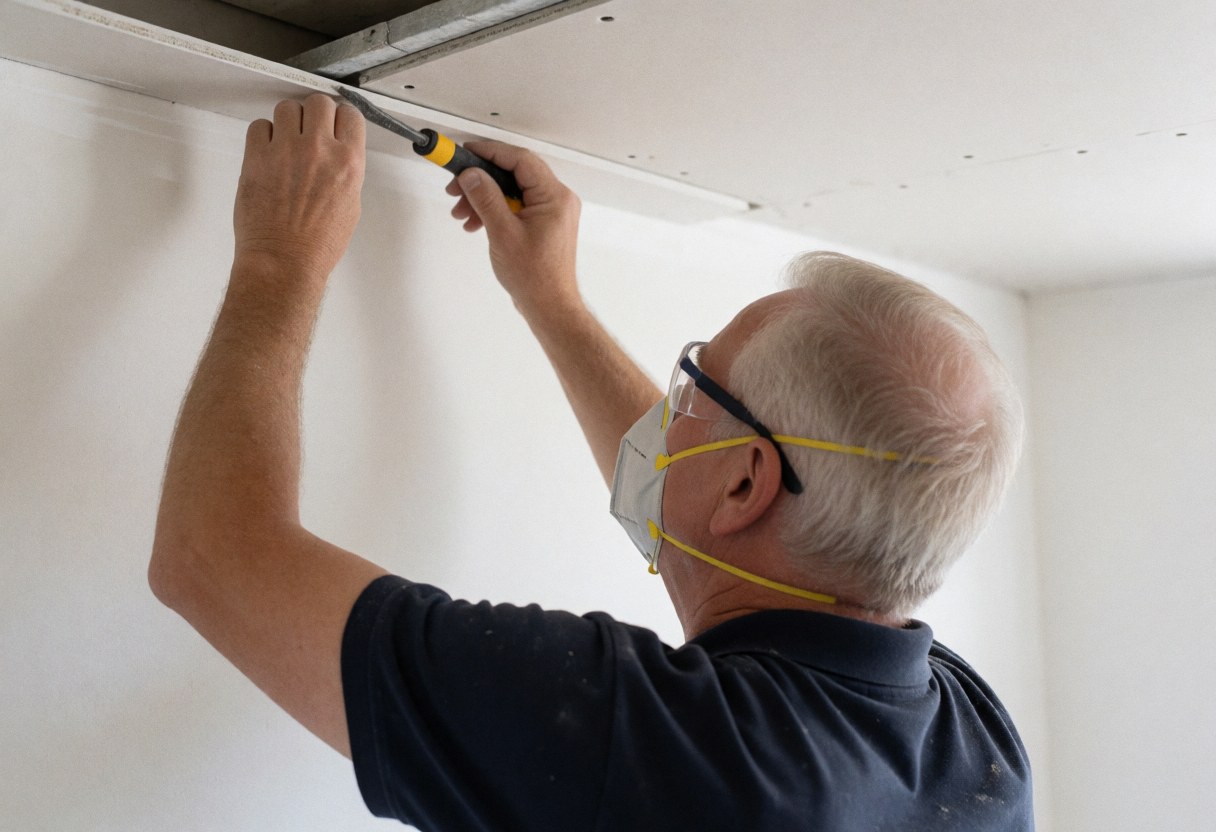 A professional installs a drywall panel on the ceiling using a tool while wearing a mask and safety glasses in a room with white walls and natural light.
