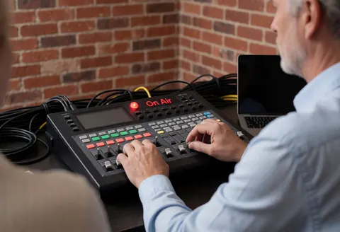 Videographer adjusting switches on a broadcast panel with on air light, red brick wall, and organized cables in a live production studio.