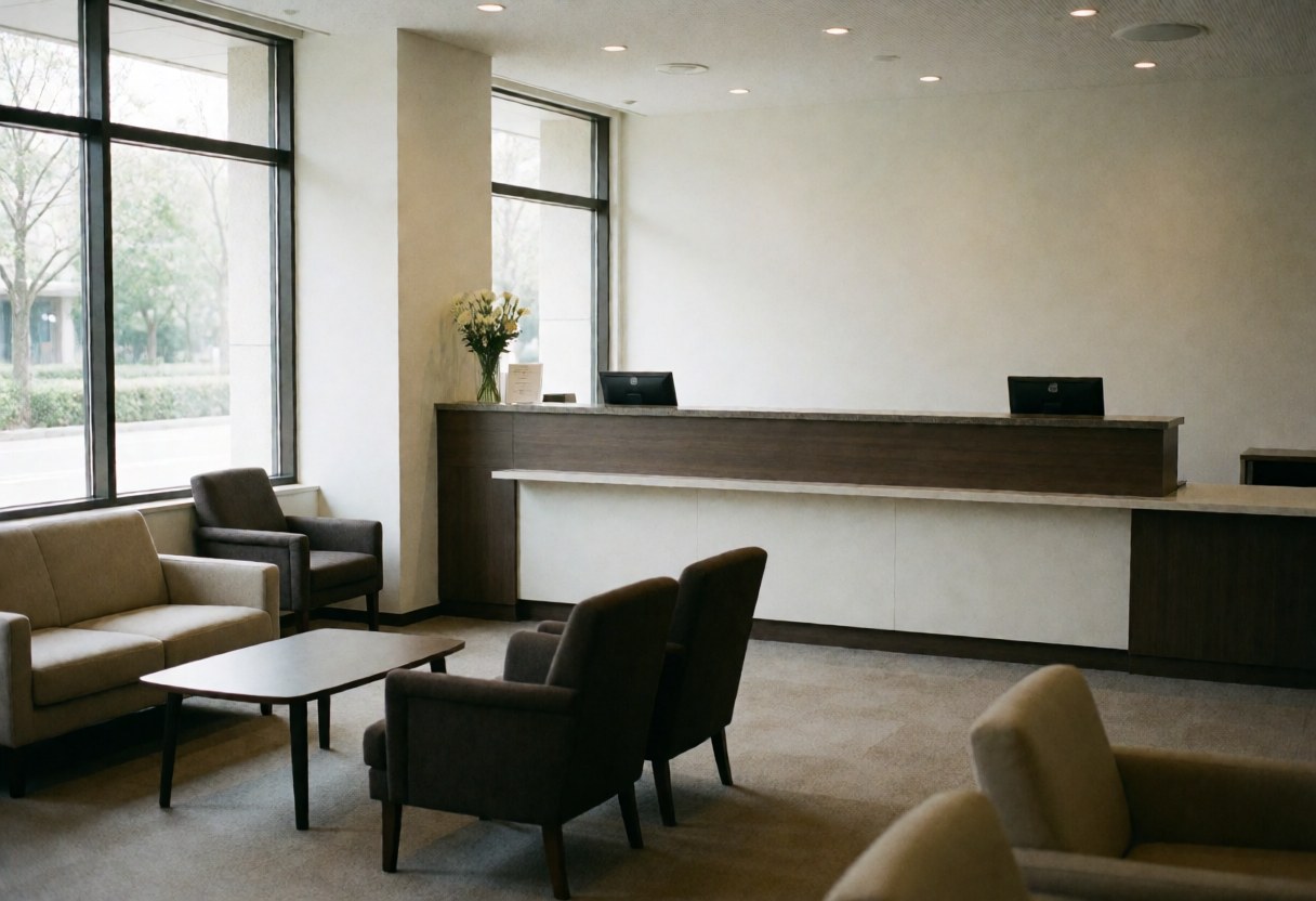 Modern apartment hotel lobby featuring a reception desk with computers, waiting area with sofas and chairs, large windows, white walls, and carpeted floor.