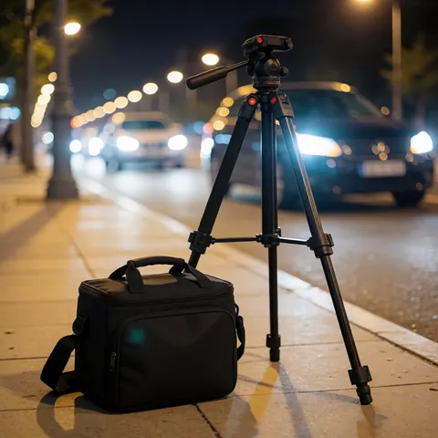 Black camera bag and tripod on a city sidewalk with blurred car lights and streetlamps in the background