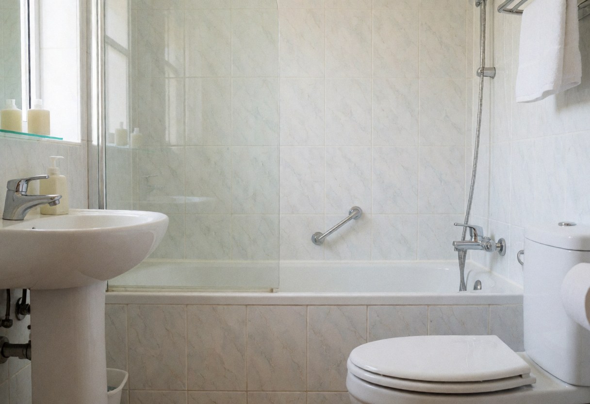 Clean modern private bathroom featuring a shower, sink, and toilet with light tiled walls suitable for lodging