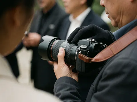 Close-up of a hand adjusting the focus ring on a professional camera lens with a brown leather strap against a blurred background.