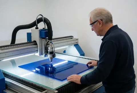 Technician operating a CNC router to cut a blue acrylic sheet in a well-lit workshop with white walls.