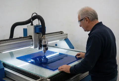 Technician operating a CNC router to cut a blue acrylic sheet in a well-lit workshop with white walls.