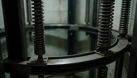 Curved elevator guide rails and metal springs with a blurred background and cool technical lighting, suitable for text overlay.