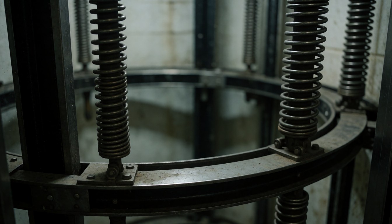 Curved elevator guide rails and metal springs with a blurred background and cool technical lighting, suitable for text overlay.