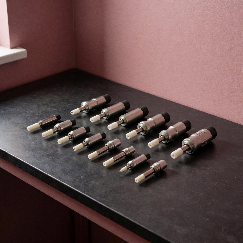 New piezoelectric stove igniters arranged on a black countertop against a pink wall with soft lighting from the upper left.