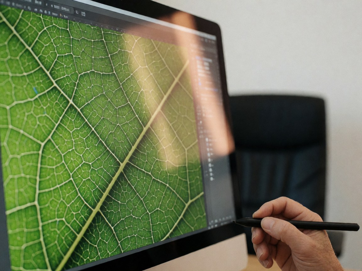 Close-up of a hand holding a stylus over a digital screen displaying a detailed green leaf with visible veins.
