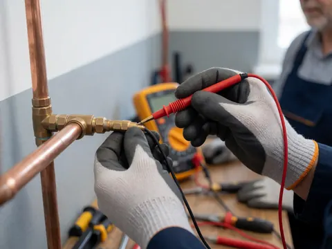 Close-up of technician measuring copper pipe joint with multimeter, tools on workbench, blurred background
