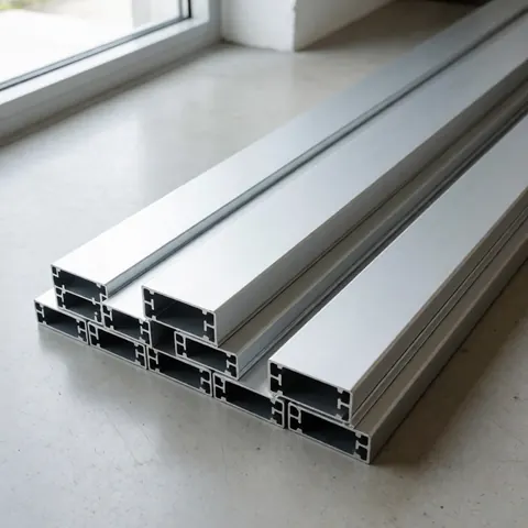 Neatly arranged matte anodized aluminum profiles on a concrete floor illuminated by natural window light