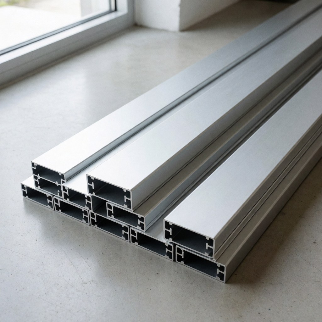 Neatly arranged matte anodized aluminum profiles on a concrete floor illuminated by natural window light