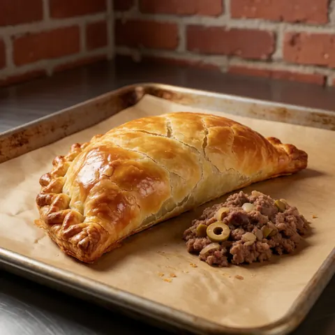 Golden baked empanada with meat and olive filling on parchment paper over red brick background