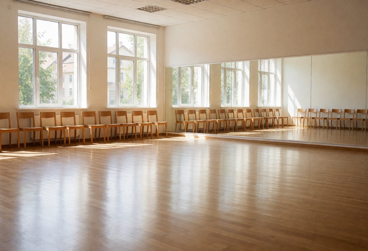 Spacious tango studio featuring polished hardwood floors, large windows, and wall mirrors, ideal for dance classes and professional practice.