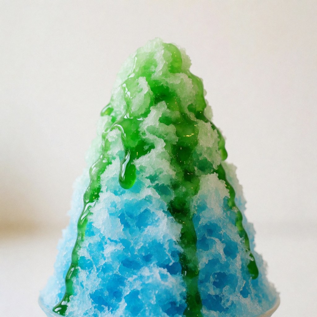 Blue granita ice cream topped with bright green sauce on a soft white background, offering a refreshing texture ideal for theme park treats.