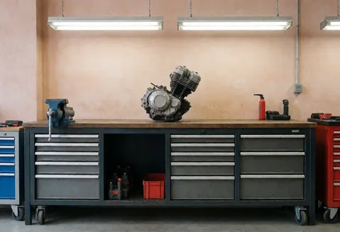 A motorcycle engine sits on a metal workbench surrounded by tools and drawers in a well-lit repair garage.