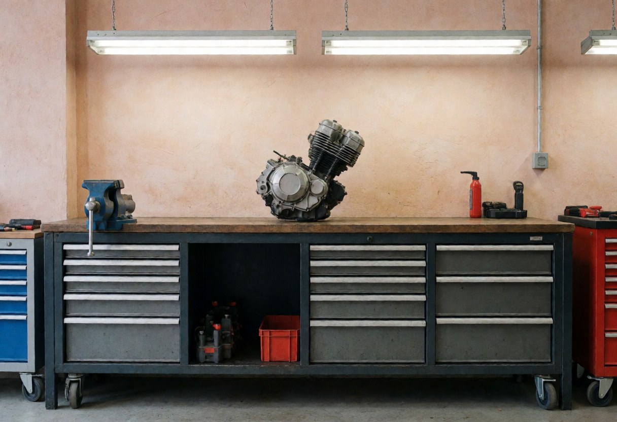 A motorcycle engine sits on a metal workbench surrounded by tools and drawers in a well-lit repair garage.