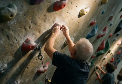 An older man climbs an indoor rock wall using a harness and rope, with chalk dust floating in the air under warm lighting.