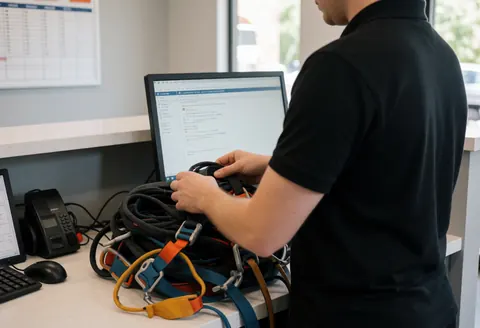 Employee arranging safety harnesses on a counter in a rock climbing center with a computer and schedule board in the background