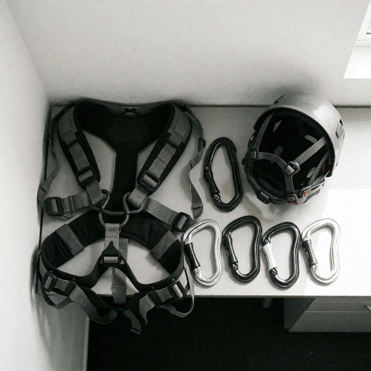 Professional climbing equipment including harness, helmet, and carabiners arranged on a clean white surface with natural lighting.