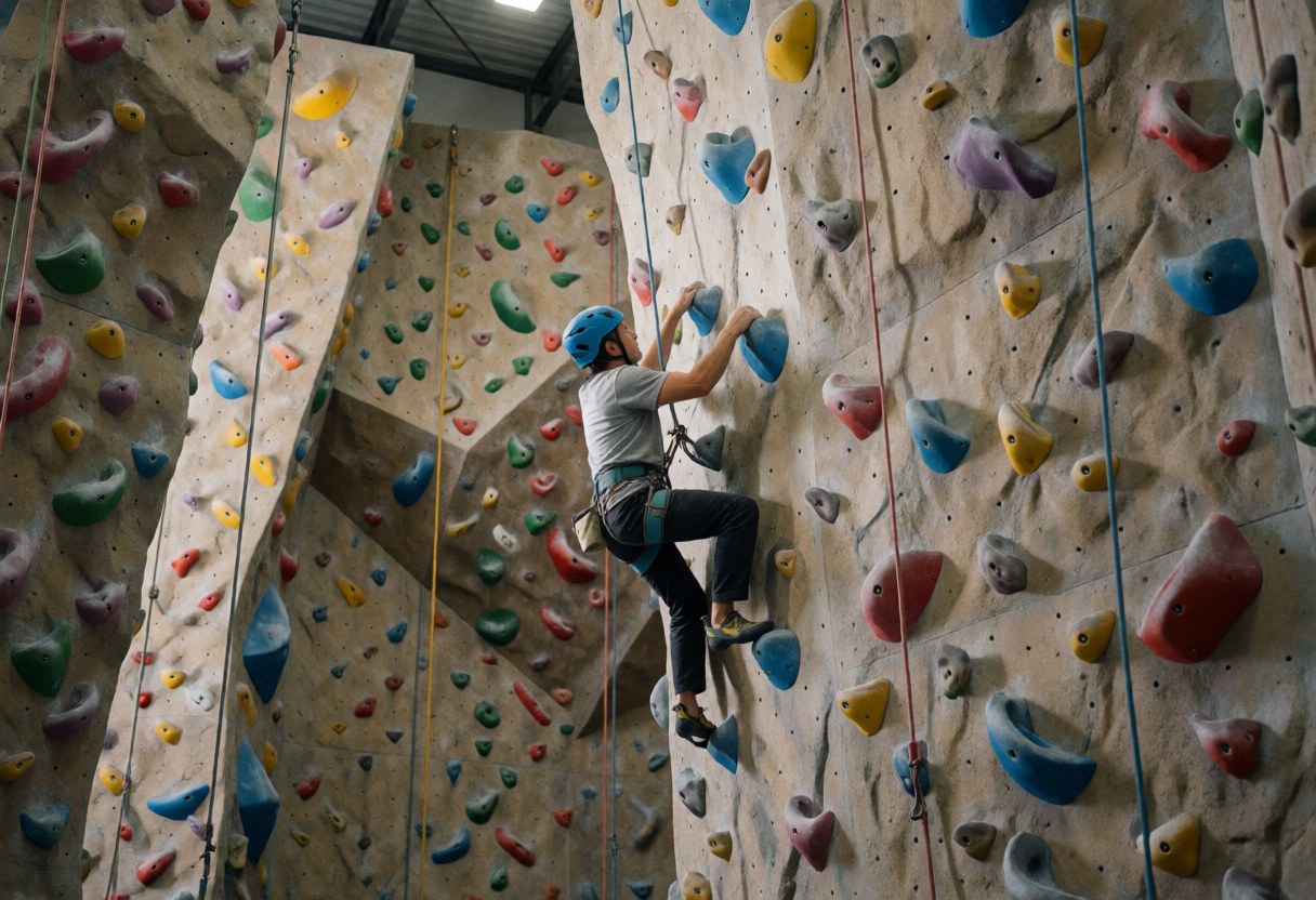 Rock climber in action on a textured artificial wall with colorful holds, visible safety equipment, and gym lighting.