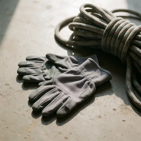 Gray climbing gloves with padding and a coiled dynamic rope resting on a concrete floor illuminated by natural light