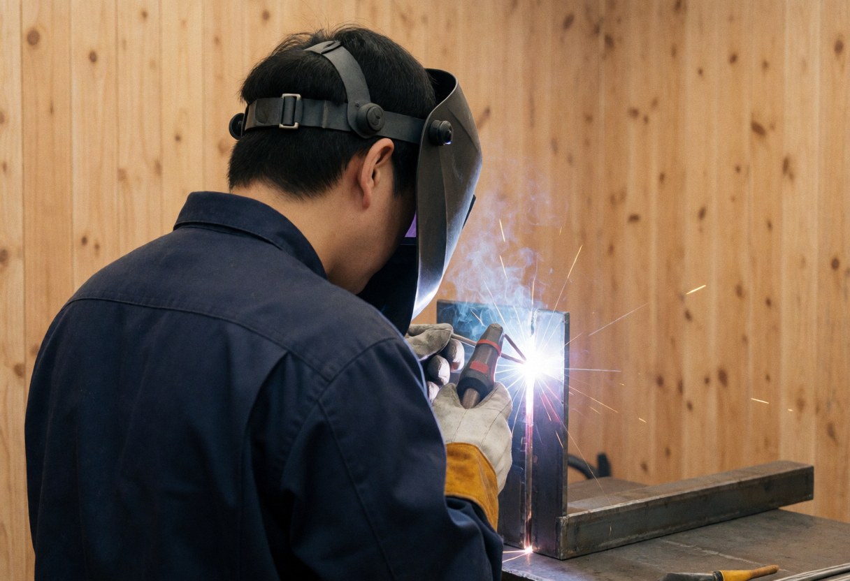 A welder wearing a protective helmet and gloves uses a bright electric arc to cut metal pieces in a workshop with wooden walls.
