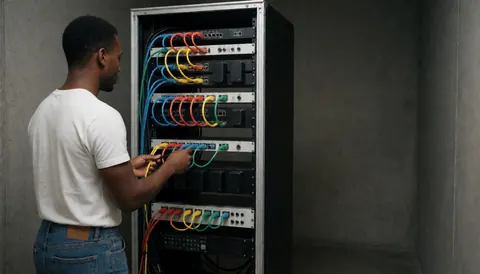 Technician connecting lighting cables in a rack with concrete walls and space for text on the right