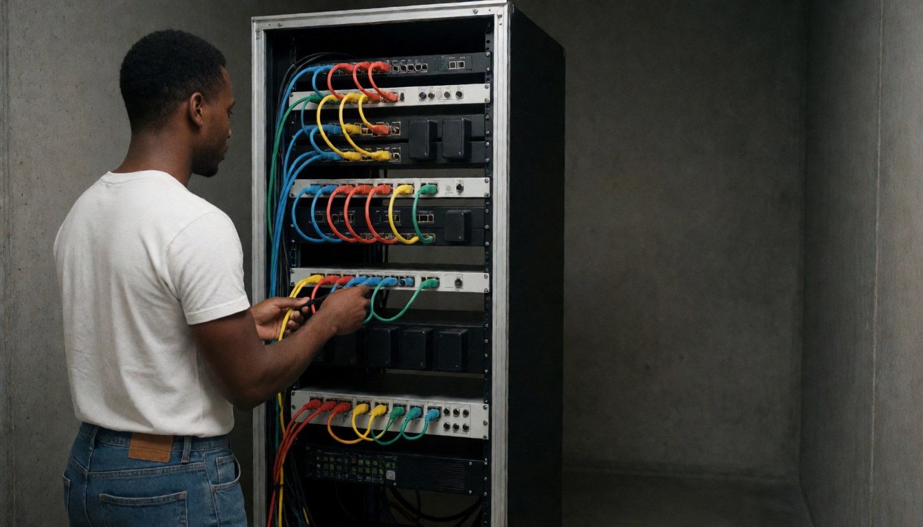 Technician connecting lighting cables in a rack with concrete walls and space for text on the right
