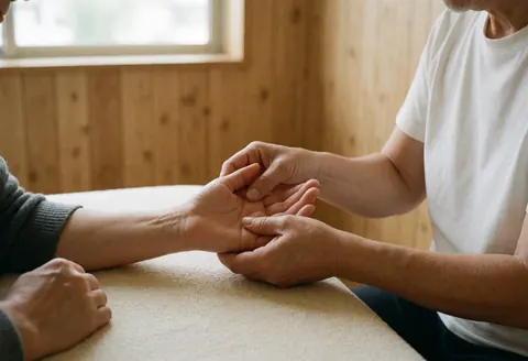 Therapist applying finger pressure to palm on textured surface with wooden walls and natural window light