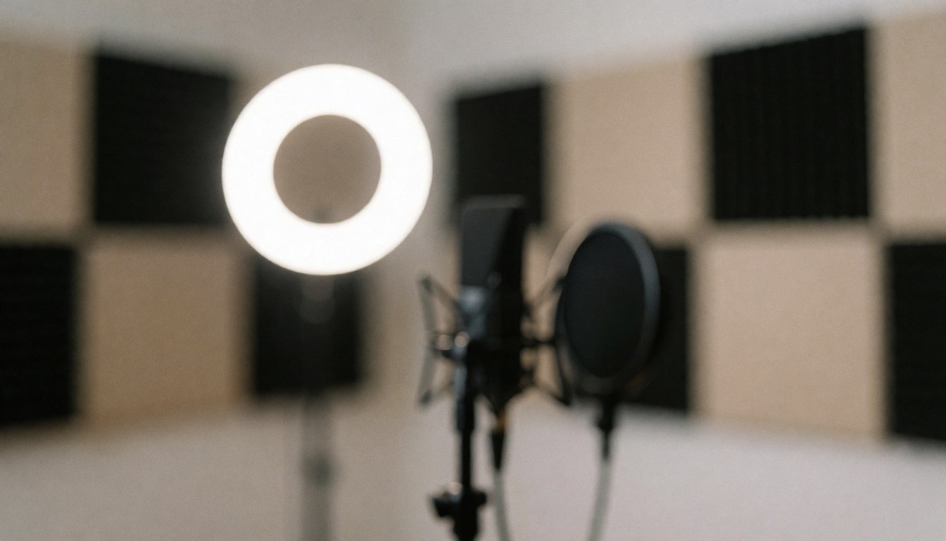 Professional microphone and ring light on a studio background with acoustic panels, suitable for online Spanish courses.
