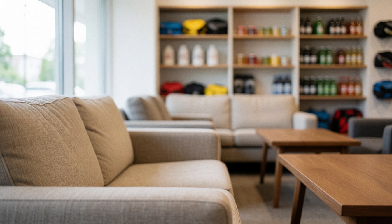 Beige sofas and wooden tables in a waiting room with blurred shelves of climbing products and drinks in the background, ideal for text overlay
